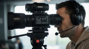 Camera operator with intercom headset at live broadcast