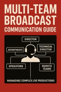 Illustration of multi‑team broadcast communication: director, technical director, departments, operators, and remote teams connected by segmented lines.