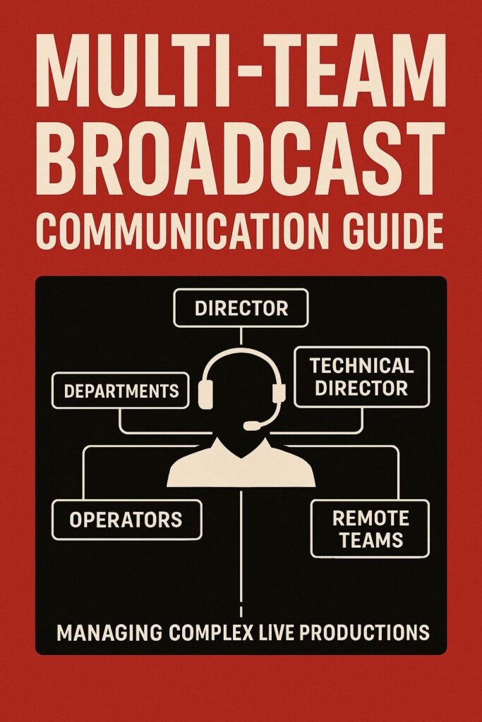 Illustration of multi‑team broadcast communication: director, technical director, departments, operators, and remote teams connected by segmented lines.