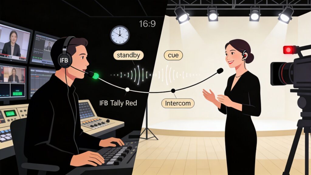 Split‑screen illustration showing director–host communication in a live broadcast: a director in the control room giving IFB cues and tally signals, and a host on set responding to the instructions.