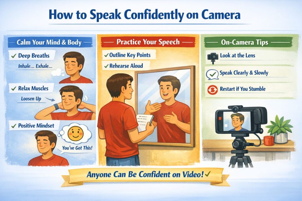 Infographic showing how to speak confidently on camera with breathing, psychology, and speech structure tips.