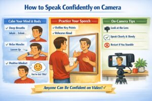 Infographic showing how to speak confidently on camera with breathing, psychology, and speech structure tips.