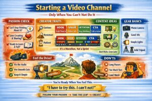 “Infographic explaining how to start a video channel with sections on passion check, creator traits, content ideas, and gear basics, plus motivational quote ‘Only When You Can’t Not Do It.’