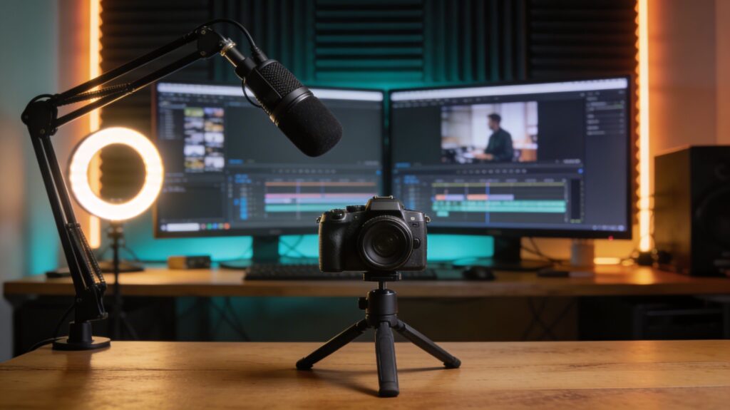 A professional content‑creation workspace with a camera on a tripod, dual monitors showing video editing software, a boom‑mounted microphone, ring light, and acoustic panels for recording high‑quality videos.