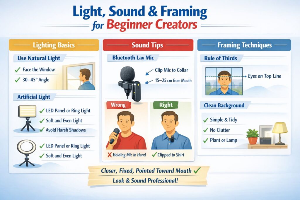 Infographic explaining lighting, sound, and framing basics for beginner video creators