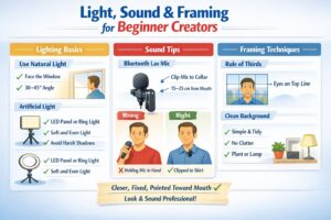 Infographic explaining lighting, sound, and framing basics for beginner video creators