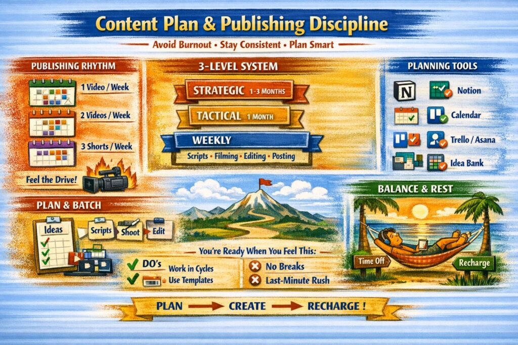 Infographic showing content plan for creators with publishing rhythm, 3‑level planning system, tools, and balance between work and rest.