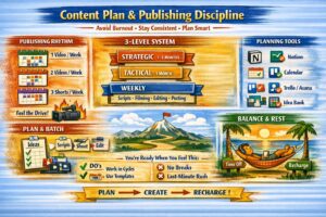 Infographic showing content plan for creators with publishing rhythm, 3‑level planning system, tools, and balance between work and rest.