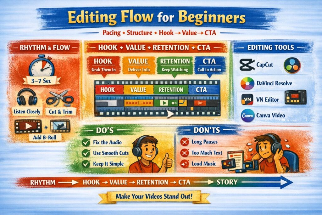 Infographic explaining editing for beginners with pacing, structure, and Hook–Value–Retention–CTA flow.