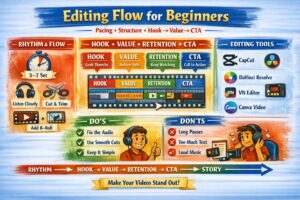 Infographic explaining editing for beginners with pacing, structure, and Hook–Value–Retention–CTA flow.