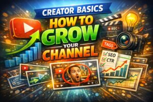 Thumbnail for Creator Basics article ‘How to Grow Your Channel’ showing YouTube growth icons, upward arrows, and vibrant text emphasizing algorithms, tags, and thumbnails.