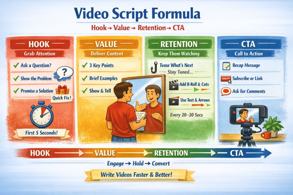 Infographic explaining Hook, Value, Retention, CTA video script structure for creators.