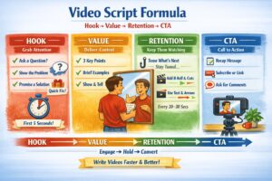 Infographic explaining Hook, Value, Retention, CTA video script structure for creators.