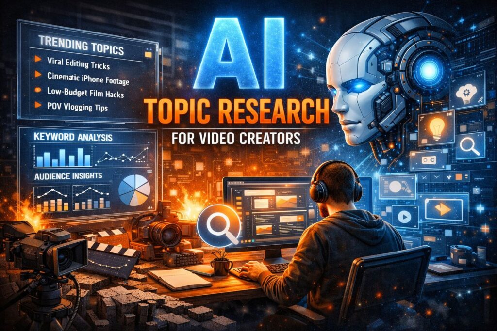 AI topic research for video creators, showing trending topics, keyword analysis dashboards, and an AI assistant helping a creator generate ideas.