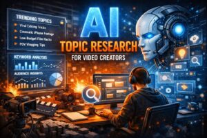 AI topic research for video creators, showing trending topics, keyword analysis dashboards, and an AI assistant helping a creator generate ideas.