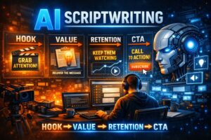 AI scriptwriting structure showing Hook, Value, Retention, and CTA with a creator and an AI assistant working together.