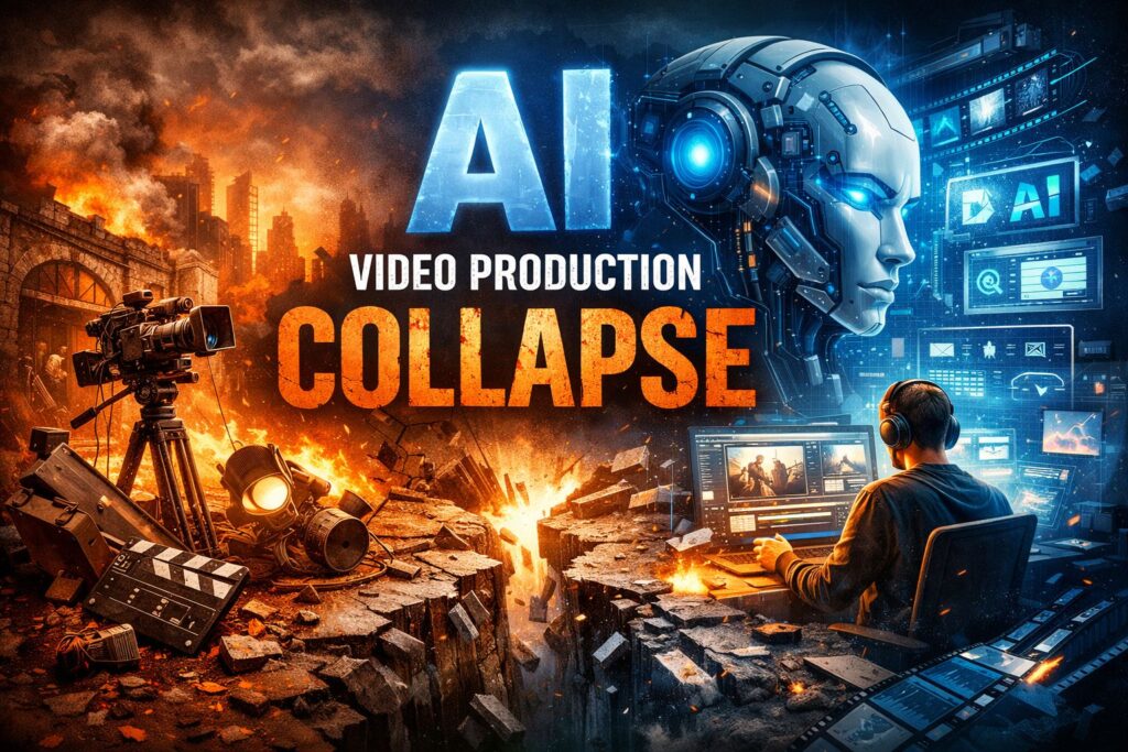 Illustration of the AI video production collapse showing a broken traditional film studio on the left and advanced AI video tools on the right.