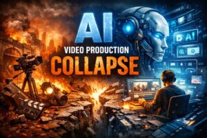 Illustration of the AI video production collapse showing a broken traditional film studio on the left and advanced AI video tools on the right.