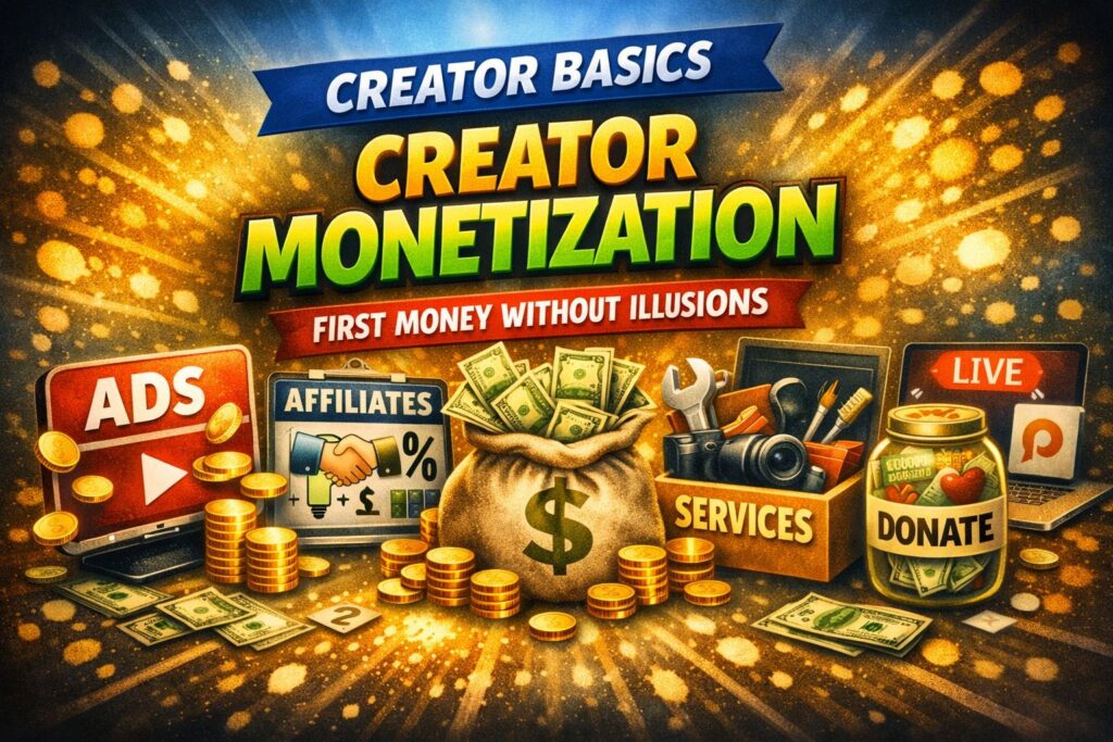 Creator monetization illustration showing ads, affiliates, services, products, and donations as the five income streams for creators.