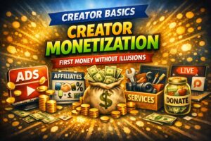 Creator monetization illustration showing ads, affiliates, services, products, and donations as the five income streams for creators.