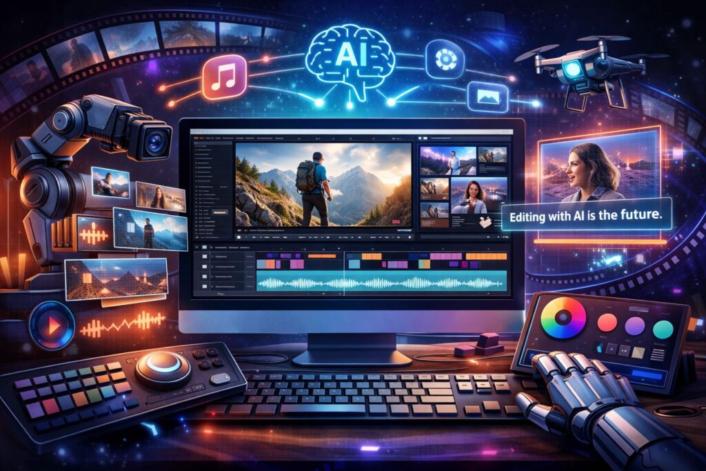 AI video editing 2026 illustration showing an editing timeline with auto‑cuts, subtitles, B‑roll, and AI tools around a workstation.