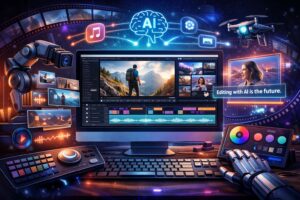 AI video editing 2026 illustration showing an editing timeline with auto‑cuts, subtitles, B‑roll, and AI tools around a workstation.