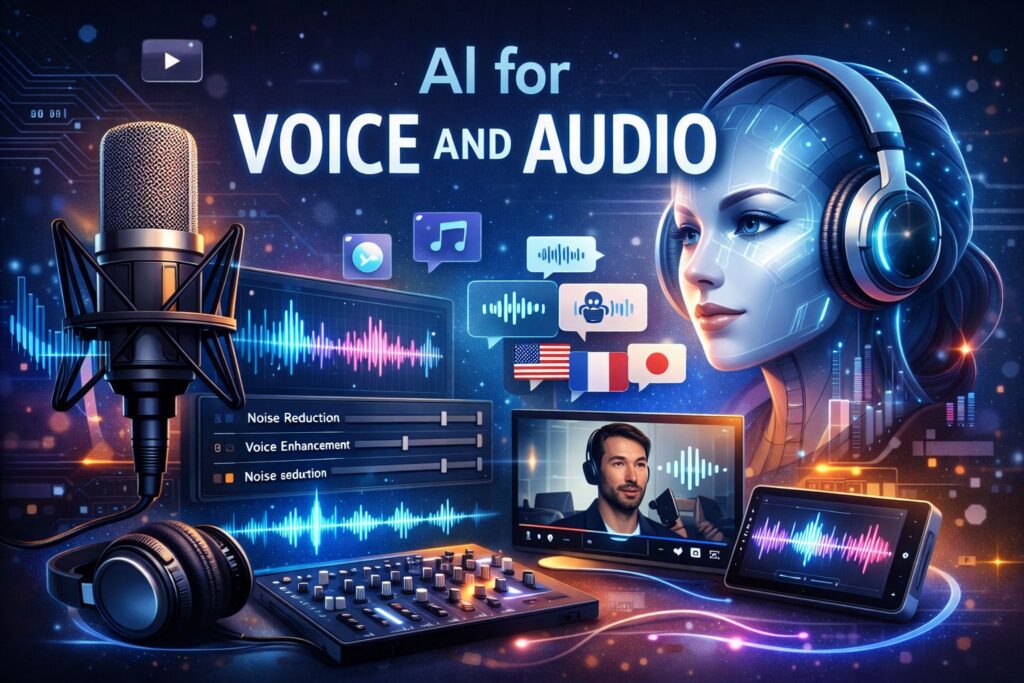 AI for Voice and Audio — digital illustration showing microphone, waveform, and AI face with headphones, symbolizing noise cleaning, voice enhancement, synthesis, and dubbing.