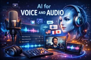 AI for Voice and Audio — digital illustration showing microphone, waveform, and AI face with headphones, symbolizing noise cleaning, voice enhancement, synthesis, and dubbing.