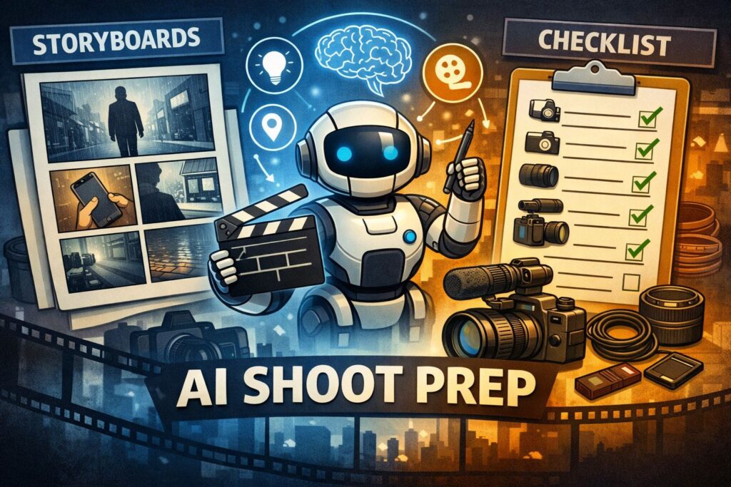 AI for video shoot preparation illustration showing a robot assistant with storyboards, shot lists, and checklists for filmmakers