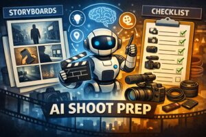 AI for video shoot preparation illustration showing a robot assistant with storyboards, shot lists, and checklists for filmmakers