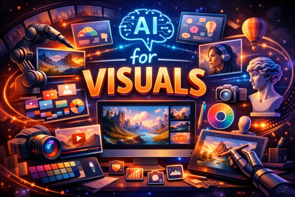 AI for visuals 2026 cover showing thumbnails, infographics, styling tools, and AI‑generated illustrations in a unified futuristic design.