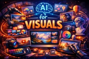 AI for visuals 2026 cover showing thumbnails, infographics, styling tools, and AI‑generated illustrations in a unified futuristic design.