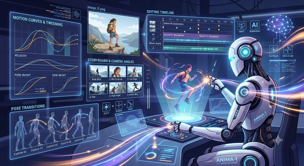 A futuristic digital workspace where a humanoid robot labeled “ANIMA‑1 // AI Animation Engine” creates a 3D animation. The robot sits at a glowing console surrounded by holographic screens showing motion curves, pose transitions, storyboards, camera angles, and an editing timeline. A holographic human figure appears mid‑motion above the desk, connected by flowing light trails. The scene features blue‑violet and amber tones, symbolizing AI‑driven animation and creative data flow.