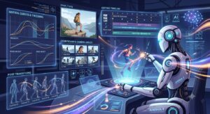 A futuristic digital workspace where a humanoid robot labeled “ANIMA‑1 // AI Animation Engine” creates a 3D animation. The robot sits at a glowing console surrounded by holographic screens showing motion curves, pose transitions, storyboards, camera angles, and an editing timeline. A holographic human figure appears mid‑motion above the desk, connected by flowing light trails. The scene features blue‑violet and amber tones, symbolizing AI‑driven animation and creative data flow.