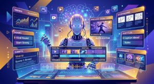 An infographic about AI short-form video production, with a central robot editor surrounded by panels for scripts, hook ideas, subtitles, preview, storyboard, trends, and an editing timeline.