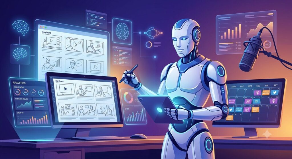 Futuristic illustration of an AI robot acting as a personal producer, working at a digital studio surrounded by screens showing storyboards, analytics charts, and a content calendar. The robot holds a stylus and tablet, symbolizing creative direction and workflow automation.