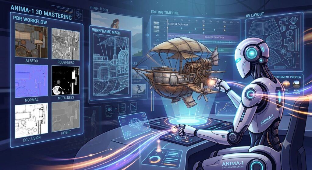 Futuristic AI robot labeled “ANIMA‑1” creating a 3D steampunk airship at a holographic workstation. The interface shows PBR texture maps, wireframe mesh, UV layout, and environment previews, symbolizing AI‑powered 3D modeling and animation design.