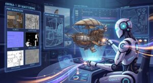 Futuristic AI robot labeled “ANIMA‑1” creating a 3D steampunk airship at a holographic workstation. The interface shows PBR texture maps, wireframe mesh, UV layout, and environment previews, symbolizing AI‑powered 3D modeling and animation design.