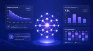Futuristic AI analytics dashboard showing audience retention curve, CTR bar chart, and posting calendar. Central glowing neural network symbol represents artificial intelligence analyzing channel growth metrics. Blue‑violet gradient, clean geometric design, modern tech‑editorial style.