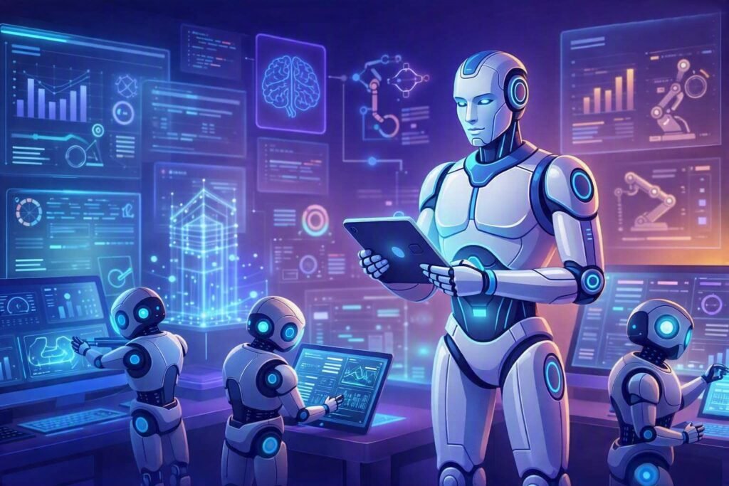 Futuristic digital lab with a humanoid AI manager robot supervising smaller worker robots operating holographic screens and data visualizations in neon blue and purple lighting.