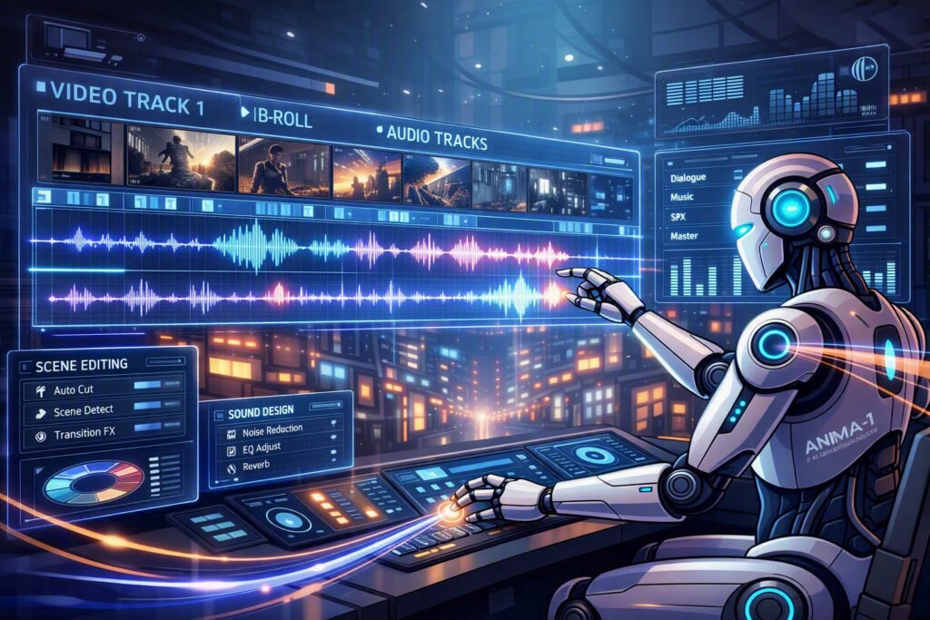 Alt‑text: Futuristic AI robot editing a holographic film timeline and mixing audio waveforms in a cinematic production lab.