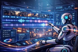 Alt‑text: Futuristic AI robot editing a holographic film timeline and mixing audio waveforms in a cinematic production lab.