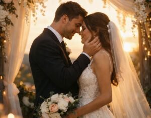 Cinematic wedding couple embracing under a floral arch at golden hour with warm natural light.