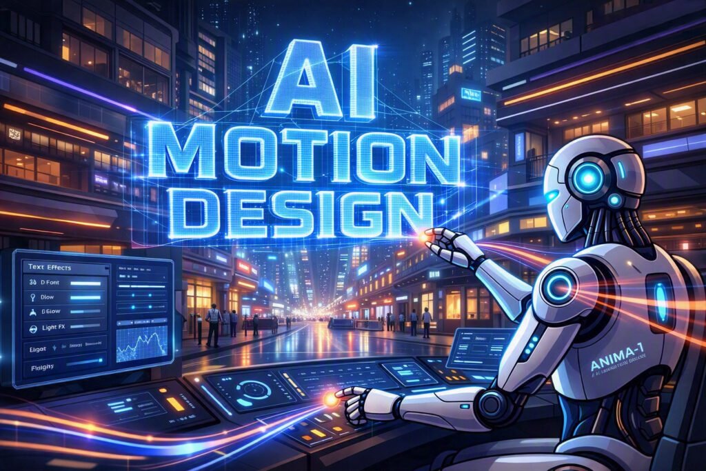 Futuristic AI robot creating a glowing 3D holographic sign reading “AI MOTION DESIGN” above a neon city street, using advanced holographic controls