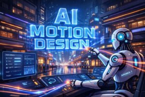 Futuristic AI robot creating a glowing 3D holographic sign reading “AI MOTION DESIGN” above a neon city street, using advanced holographic controls